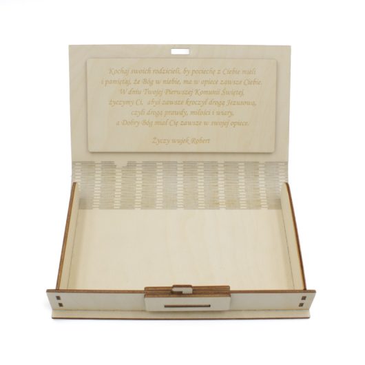 Drewniane pudełko na pieniądze, prezent komunijny – Dłonie z różańcem