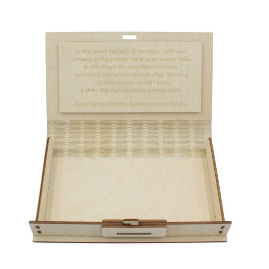 Drewniane pudełko na pieniądze, prezent komunijny – Aniołek z aureolą