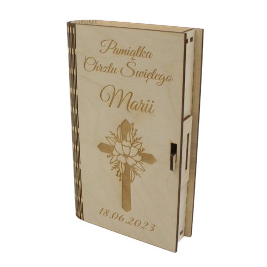 Drewniane pudełko na pieniądze, prezent na Chrzest Święty – Krzyż z kwiatem