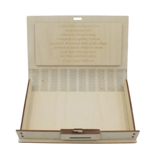 Drewniane pudełko na pieniądze, prezent na Chrzest Święty – Kielich i gołębie