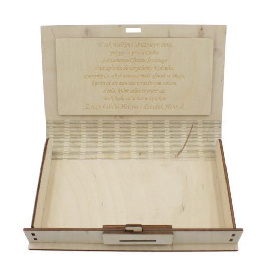 Drewniane pudełko na pieniądze, prezent na Chrzest Święty – Krzyż, kielich i chleb