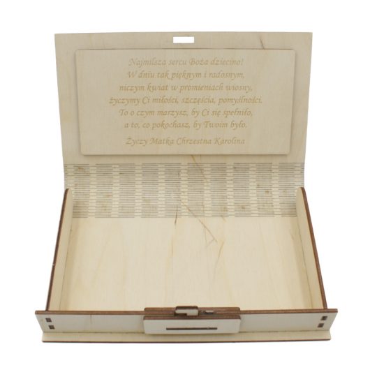 Drewniane pudełko na pieniądze, prezent na Chrzest Święty – Dłonie