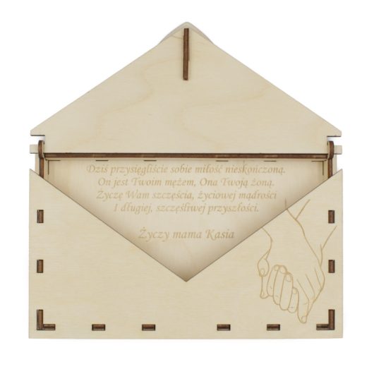 Drewniana koperta na pieniądze na ślub, personalizowana, z grawerem – Dłonie, wzór 2