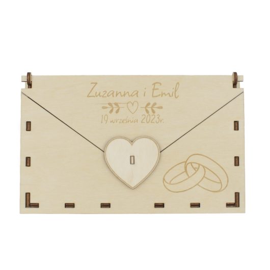 Drewniana koperta na pieniądze na ślub, personalizowana, z grawerem – Obrączki, wzór 1