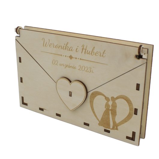 Drewniana koperta na pieniądze na ślub, personalizowana, z grawerem – Para Młoda