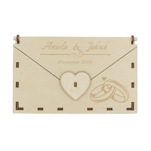 Drewniana koperta na pieniądze na ślub, personalizowana, z grawerem – Obrączki, wzór 2