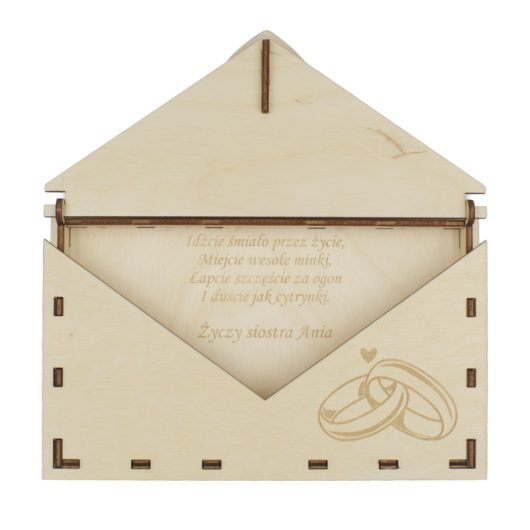 Drewniana koperta na pieniądze na ślub, personalizowana, z grawerem – Obrączki, wzór 2