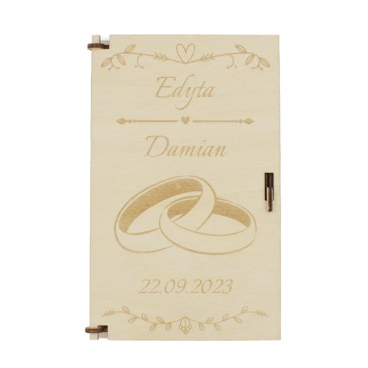 Drewniane pudełko na pieniądze na ślub, personalizowane, z grawerem – Obrączki