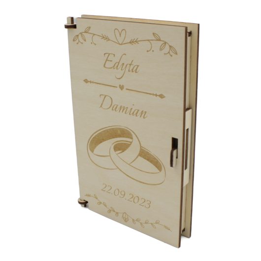 Drewniane pudełko na pieniądze na ślub, personalizowane, z grawerem – Obrączki