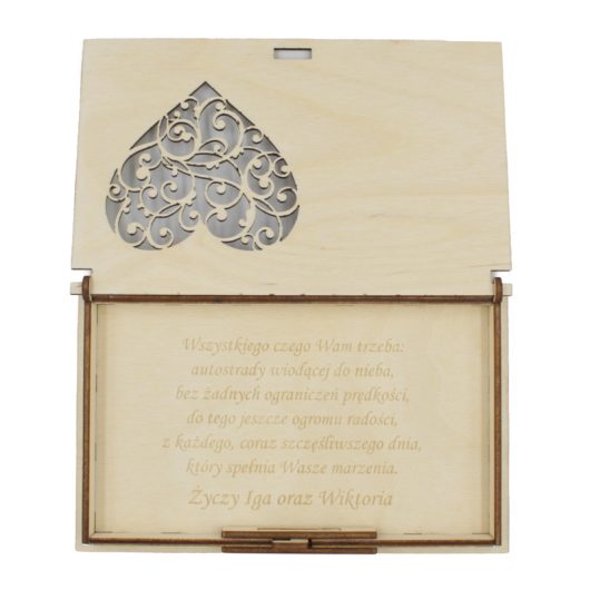 Drewniane pudełko na pieniądze na ślub, personalizowane, z grawerem – ażurowe, wzór 1