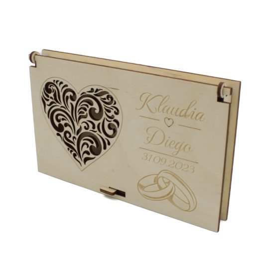 Drewniane pudełko na pieniądze na ślub, personalizowane, z grawerem – ażurowe, wzór 2