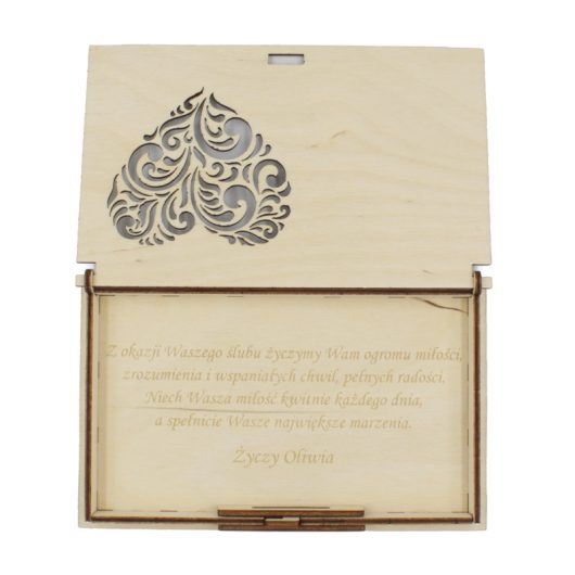 Drewniane pudełko na pieniądze na ślub, personalizowane, z grawerem – ażurowe, wzór 2